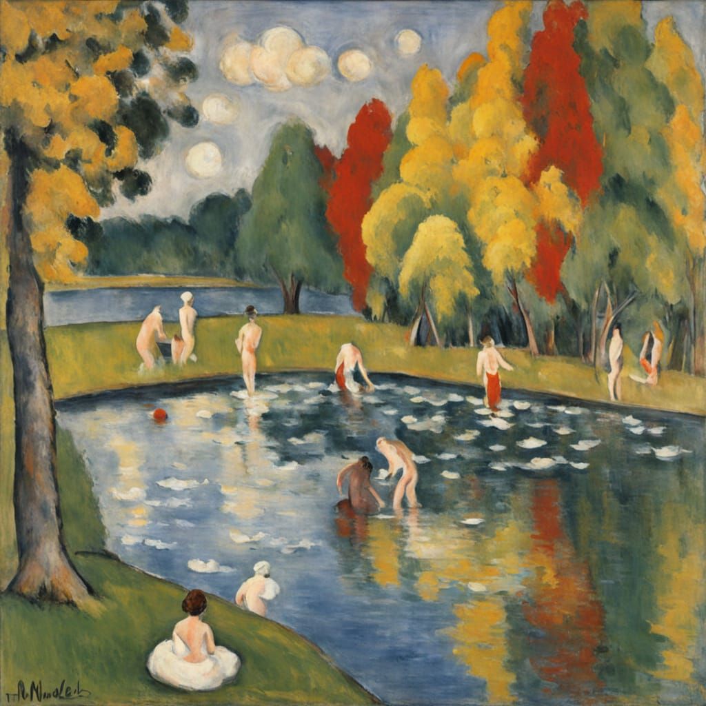 Pond with bathers