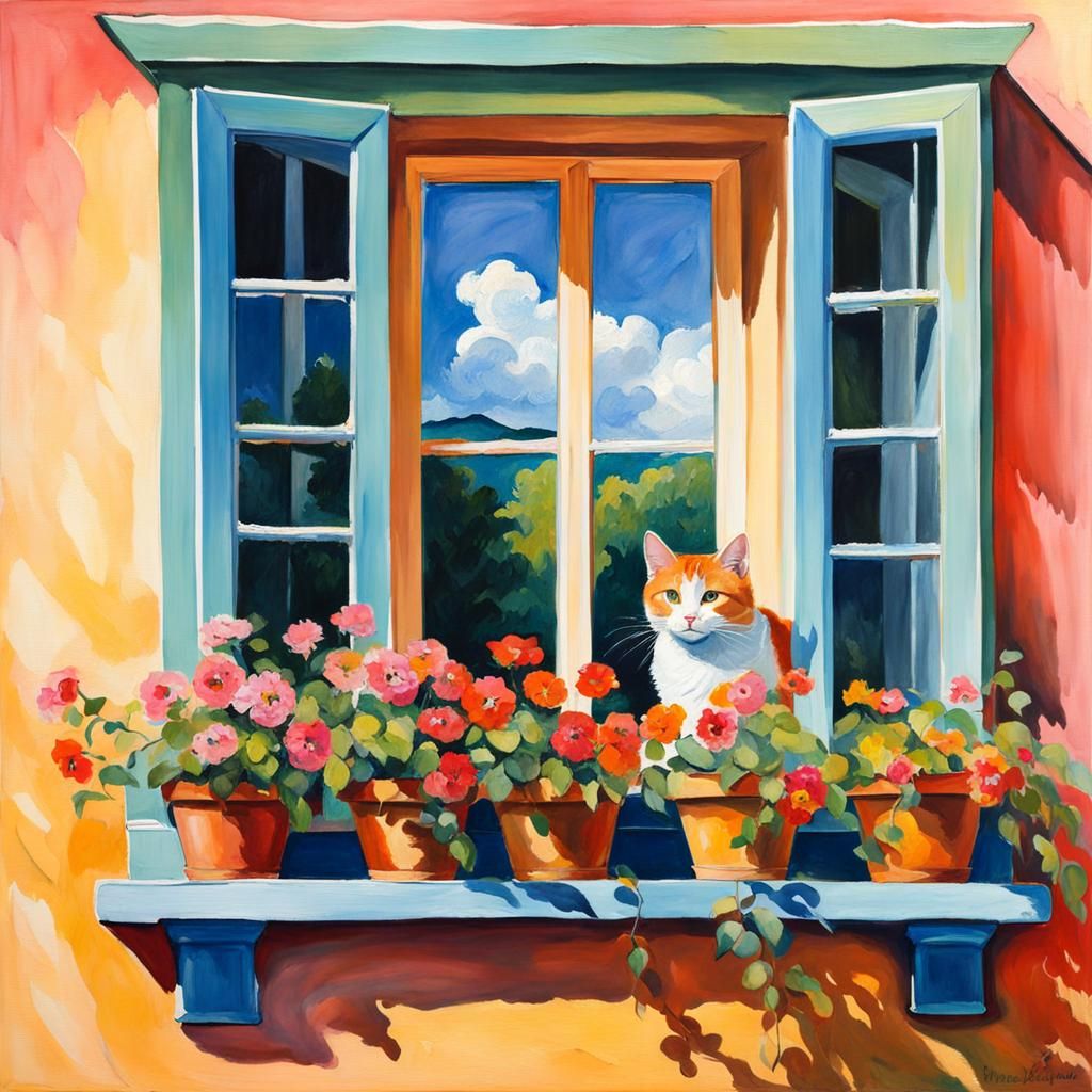 Cat in Window: Gouache Style Watercolor Painting