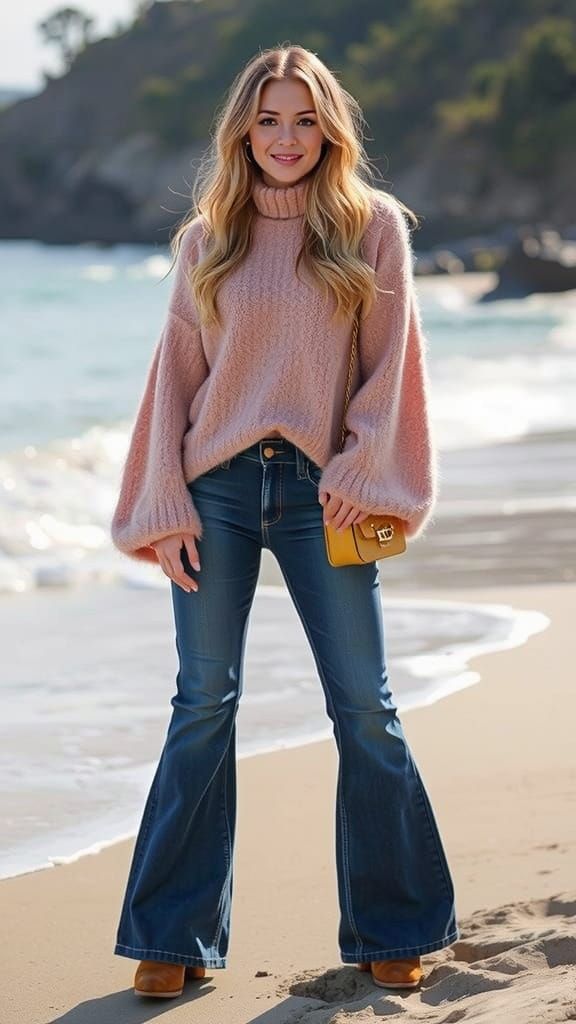 Autumn Beach Fashion: Yellow Sweater & Blue Jeans