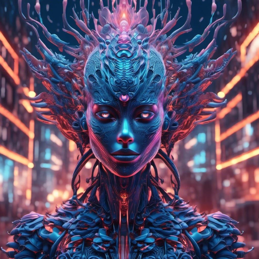 Bioluminescent Humanoid Portrait in Alien City