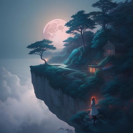 Anime Girl on Cliff Under Blood Moon
