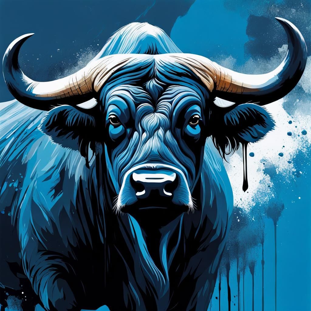 Ethereal Blue Cape Buffalo in Ink Splash Style
