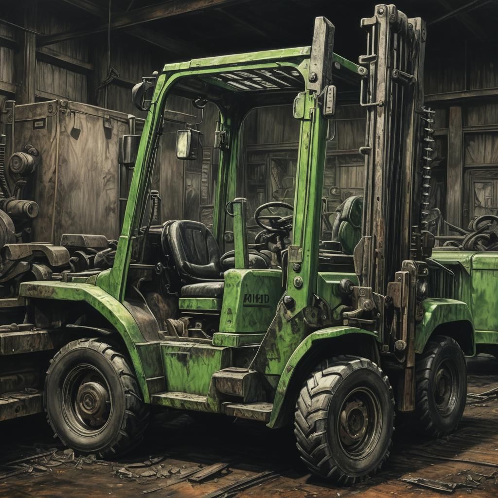 Green Forklift Portrait with Chainsaw: Charcoal Drawing