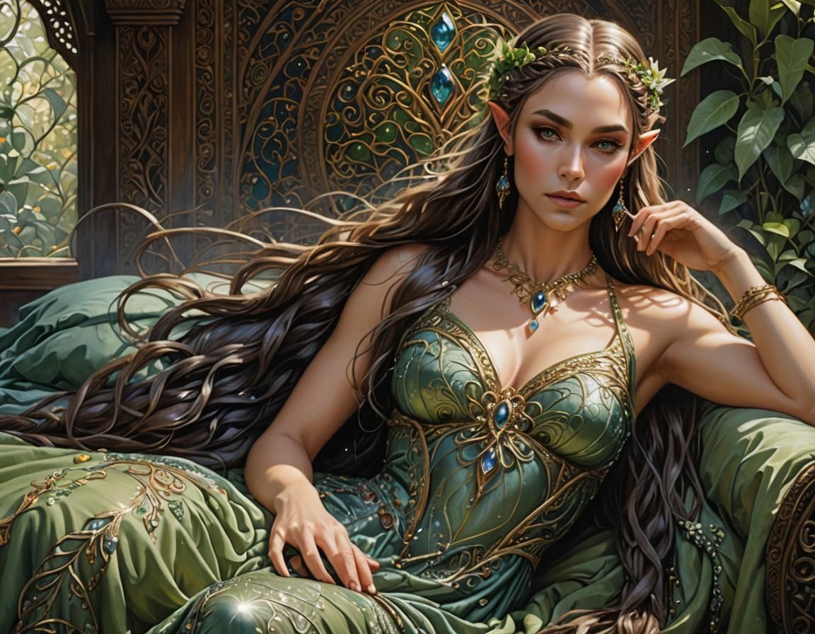 Sensual Elven Queen in Elaborate Nature Bedroom