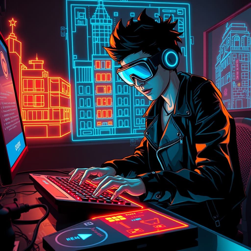 Cyberpunk Hacker Surrounded by Holographic Blueprints