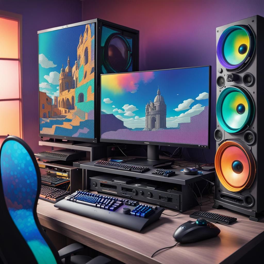Gaming pc setup, up in the sky. Picasso complementary colors split-complementary colors kinetic pointillism cel-shaded 8...