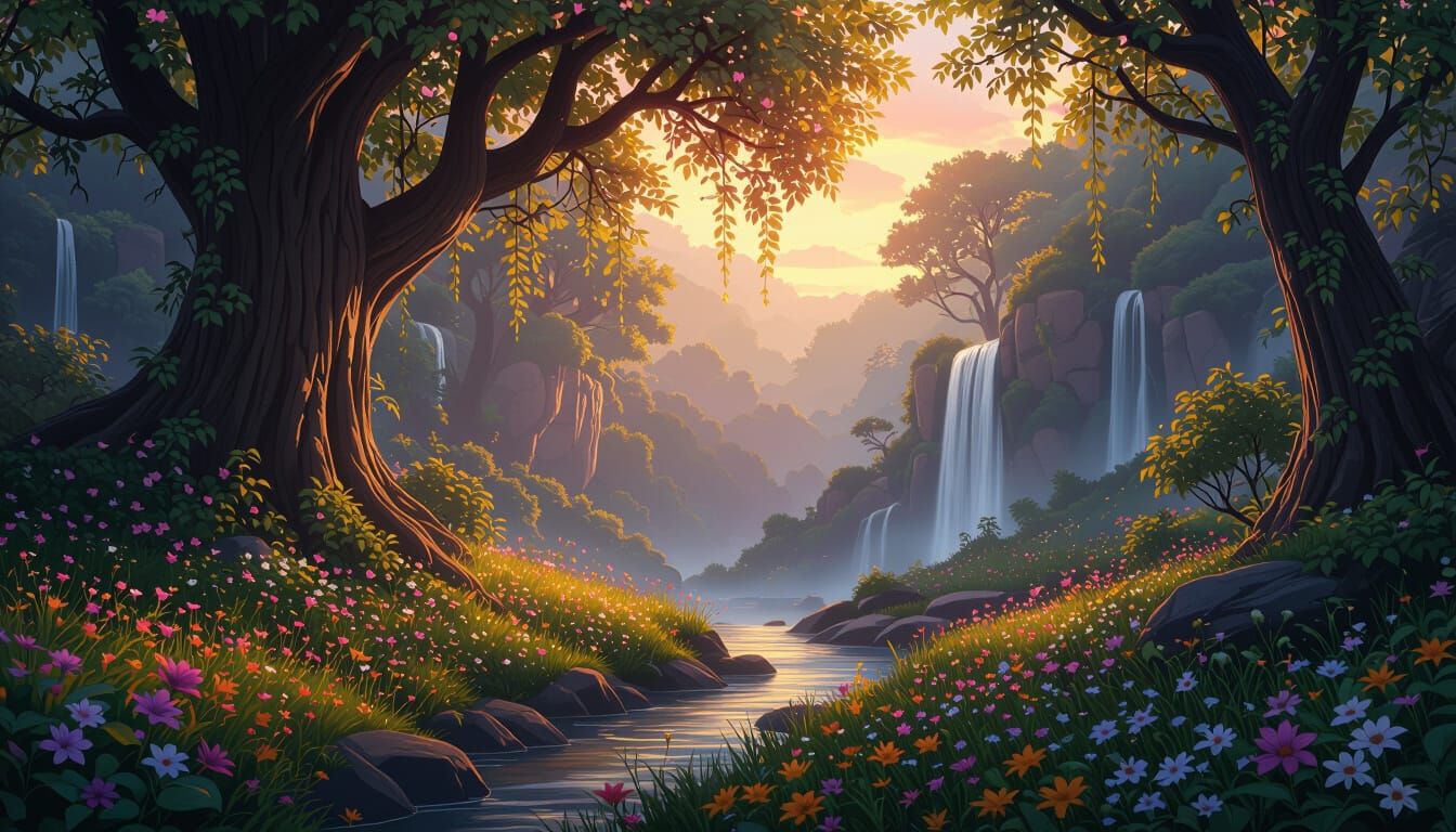 Tranquil Glade with Waterfalls in Anime Fantasy Art