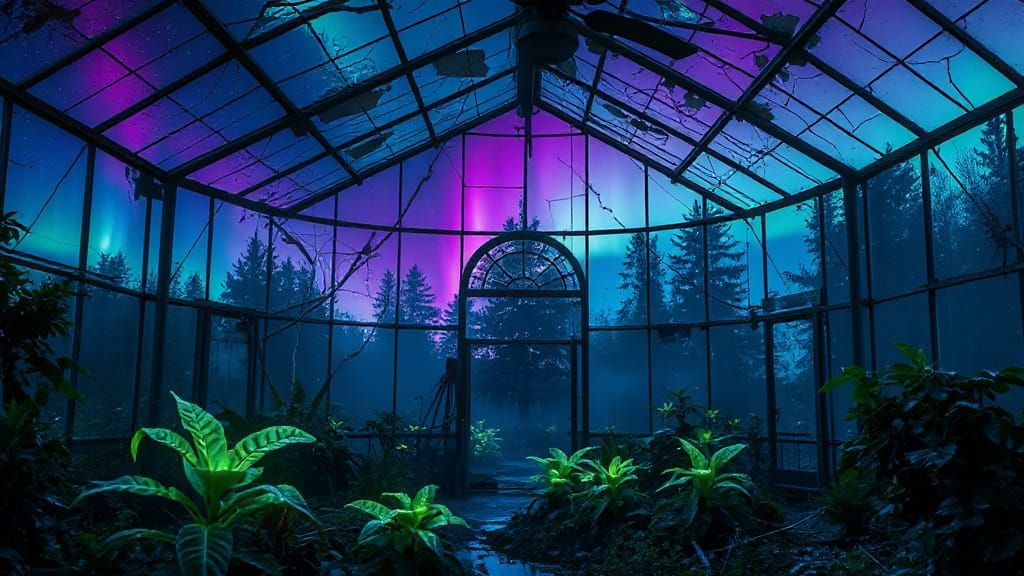 Bioluminescent Greenhouse Under Aurora Borealis