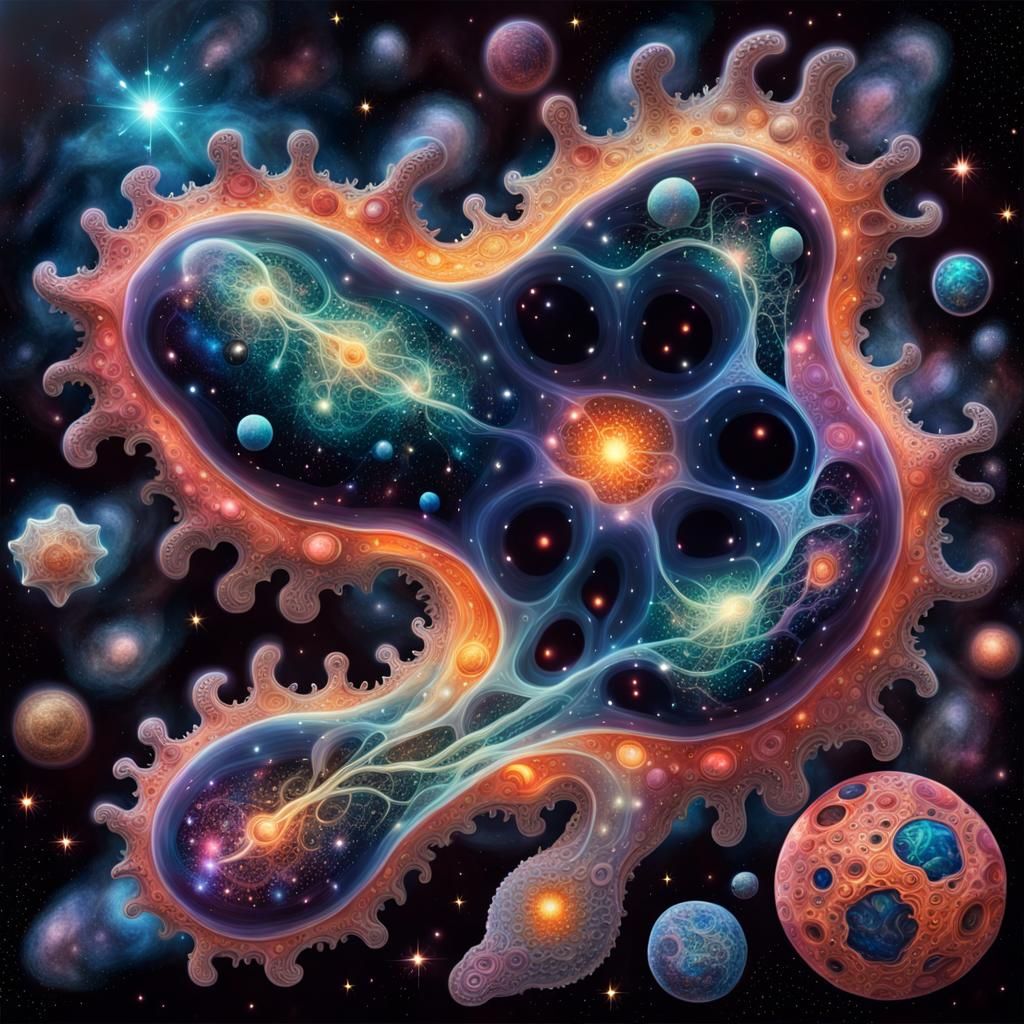 Surreal Amoeba Consuming Galaxies in Electric Colors