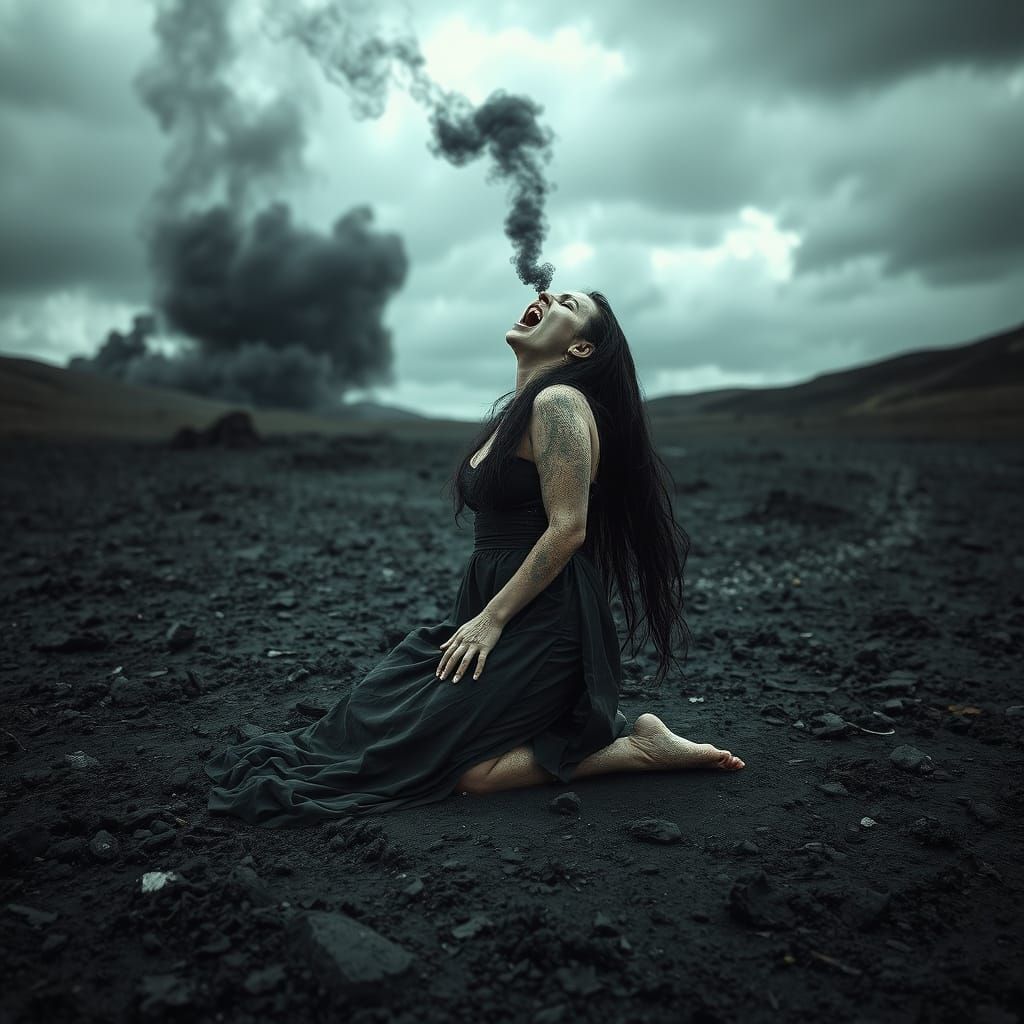 Volcanic Desolation: Woman in Anguish, Dark Fantasy Art