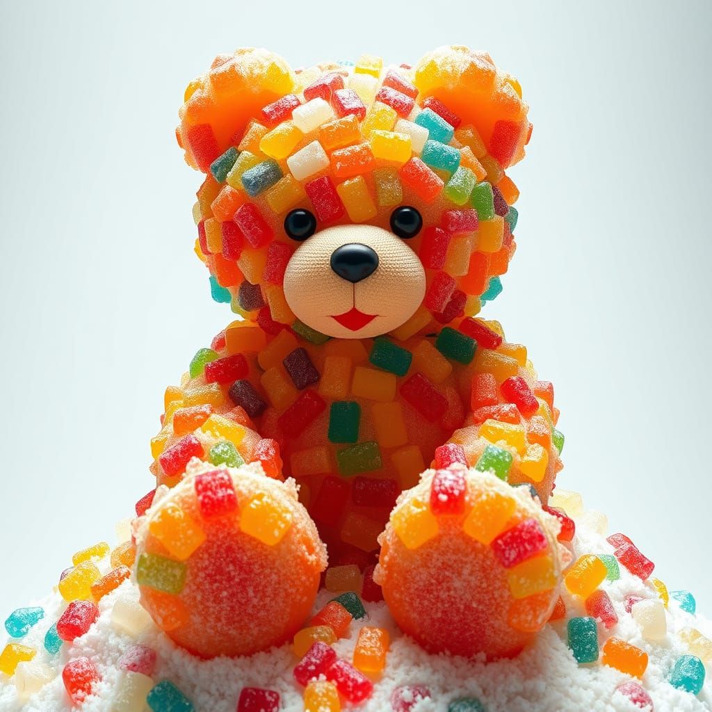 Whimsical Teddy Bear Sculpture in Colorful Sugar Wonderland