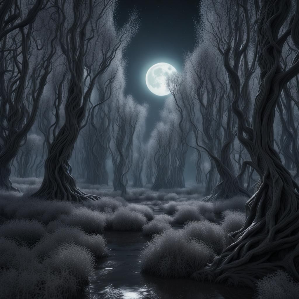 Enchanting Alien Whispering Woods in Moonlight
