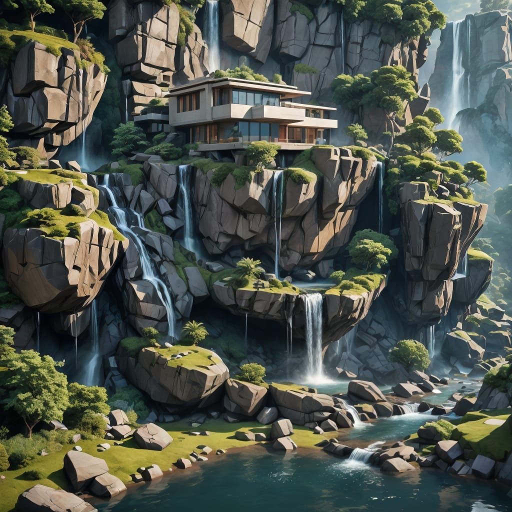 Breathtaking Cliffside Oasis in Epic 3D Videogame Style