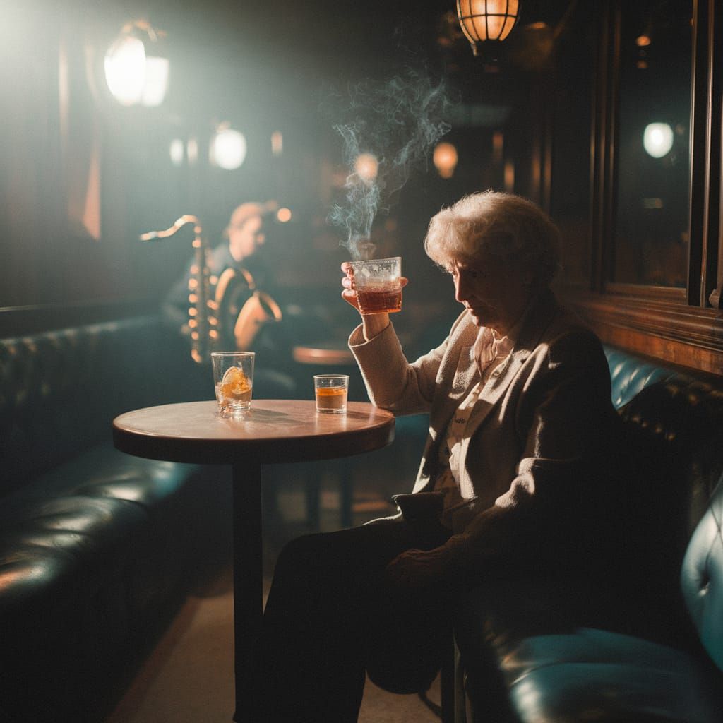 Moody Jazz Club Scene: Elderly Woman at Bar