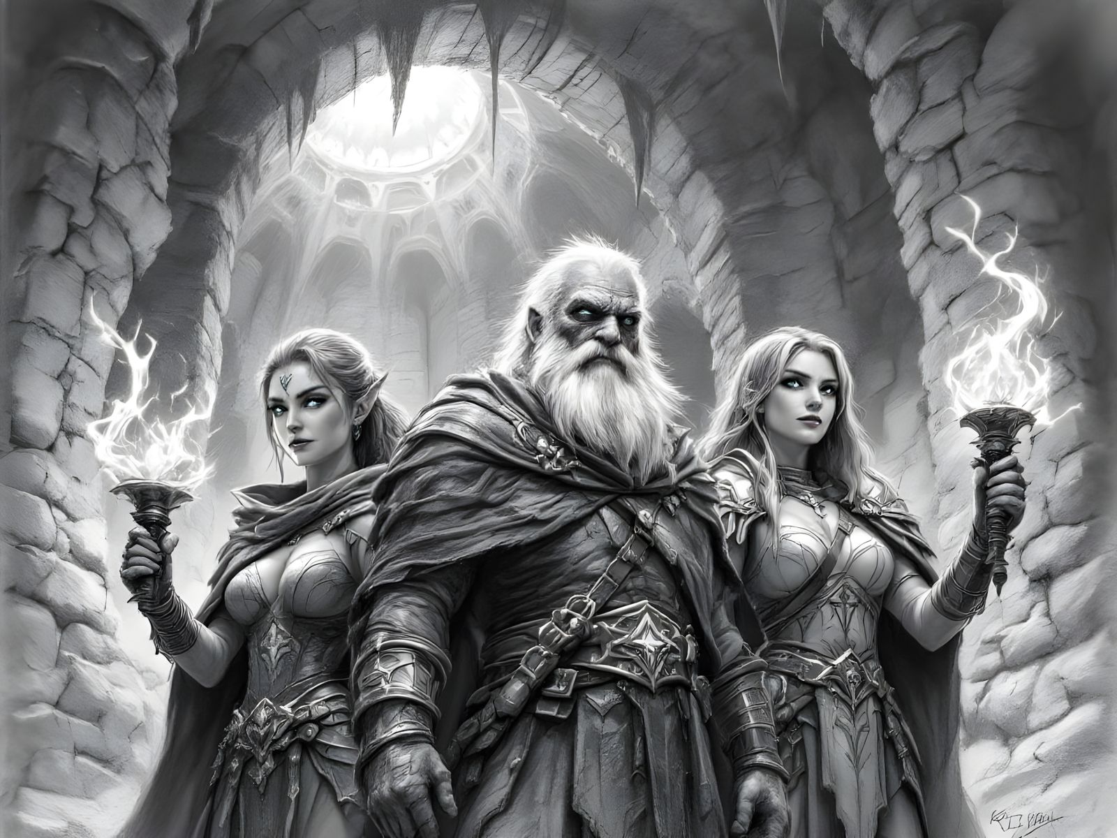 Adventurers Explore Dark Fantasy Dungeon in Pencil Sketch