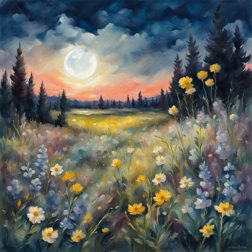 Moonlit Wildflower Meadow in Gouache Watercolor Style