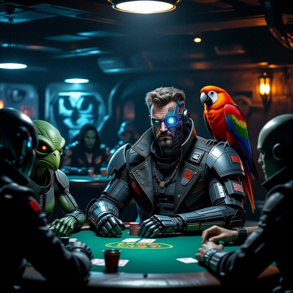 Sci-Fi Captain at Space Station Poker Game