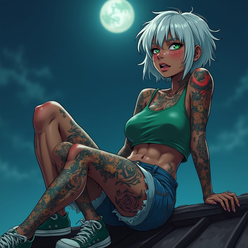 Anime Woman with Tattoos Falls on Rooftop