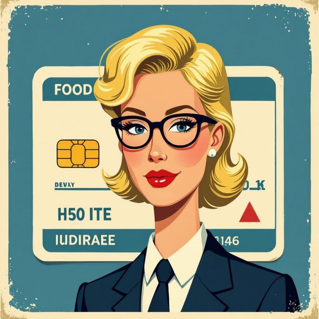 Anthropomorphic Food Stamp Card with Blonde Hair and Glasses