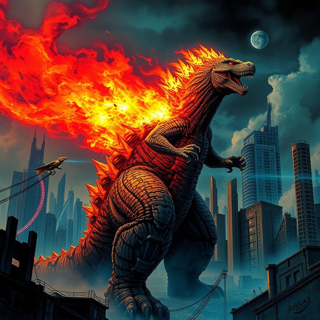 Godzilla in Cyberpunk Dystopian Cityscape