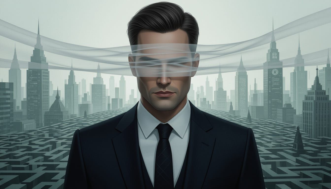 Veiled Man in Cityscape: Dark Futuristic Art