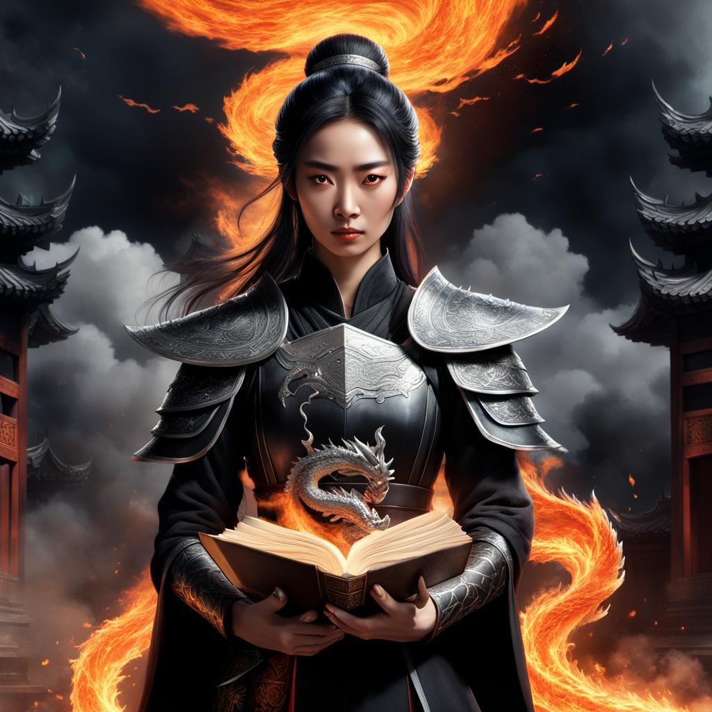 Hyperrealistic Woman Warrior with Dragon Armor at Night