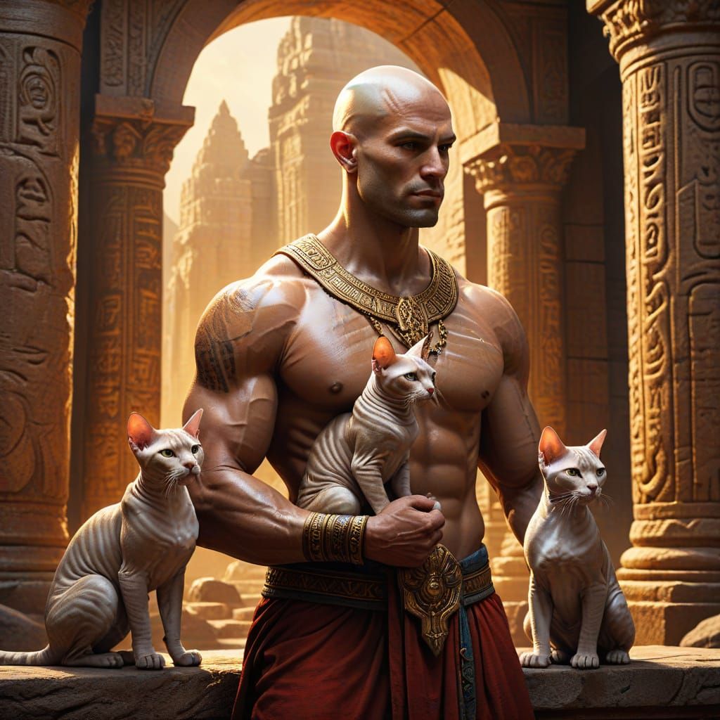 Muscular Bald Man with Sphinx Cats in Temple