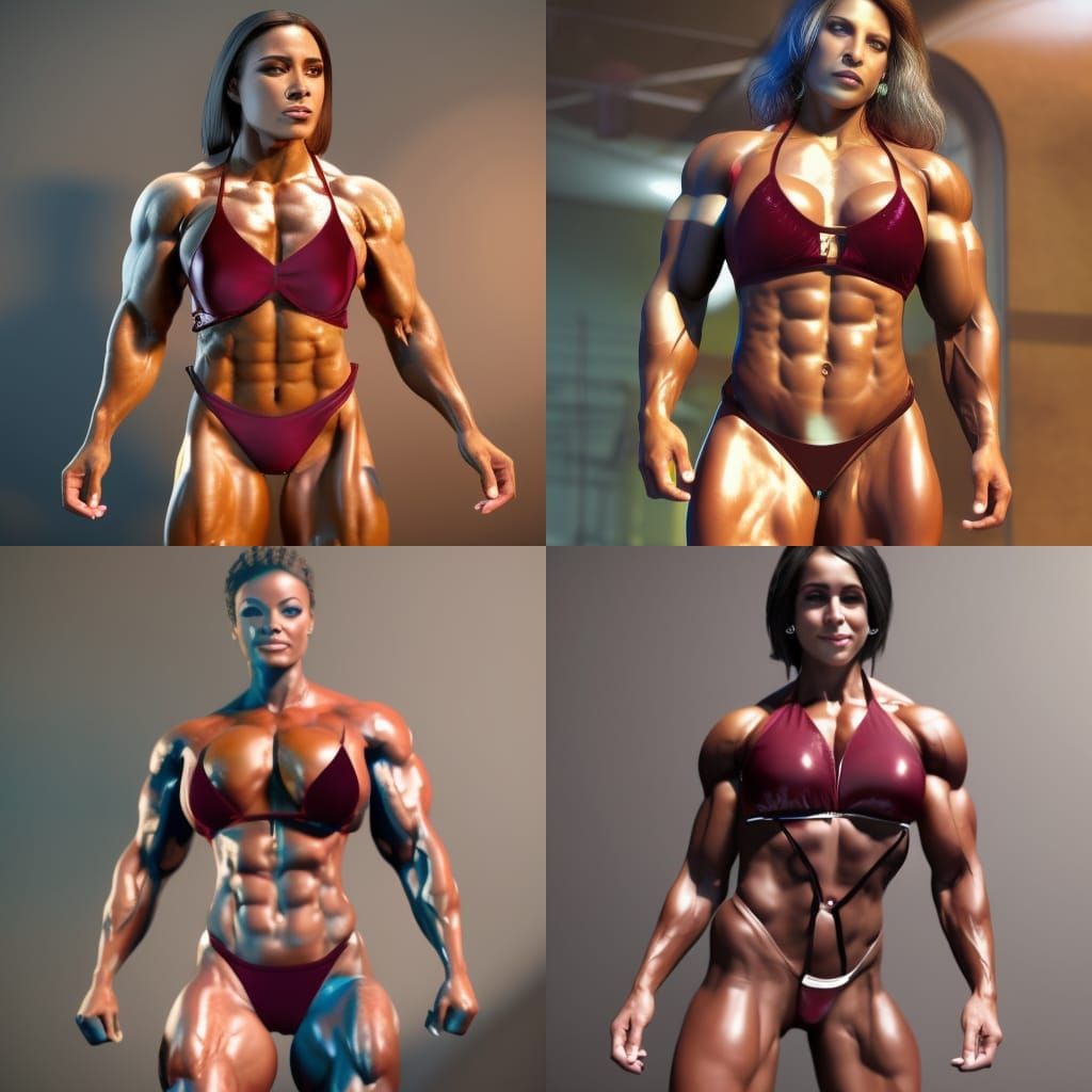Female Bodybuilder Flexing Muscles in 3D Raytracing