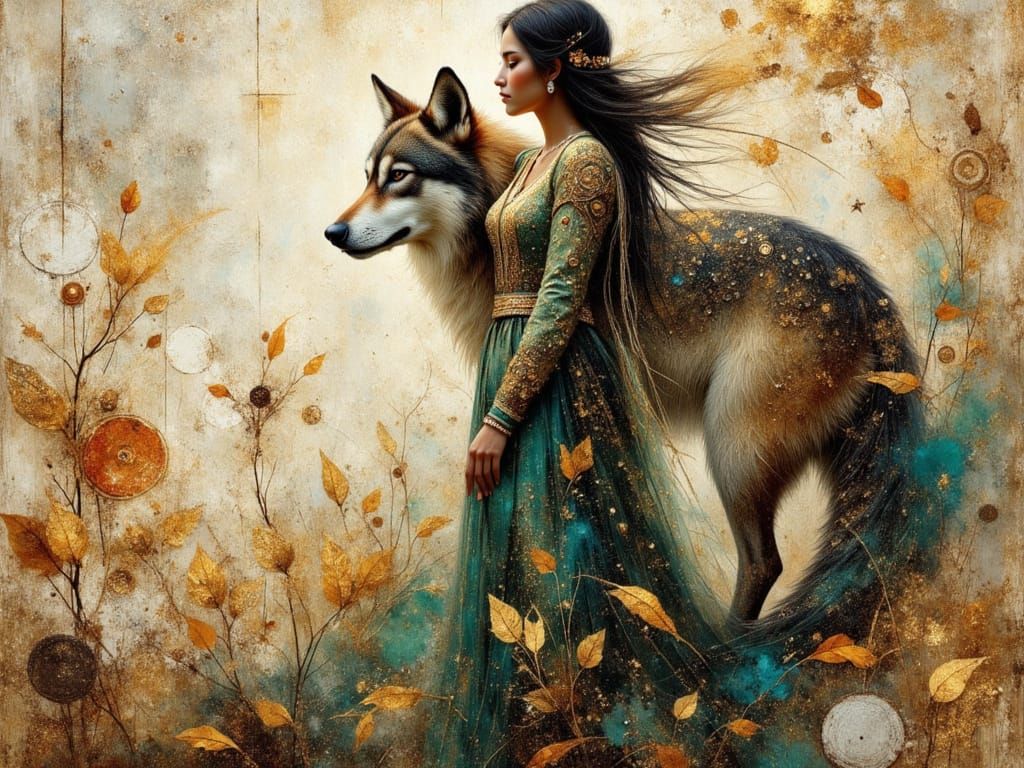 Native American Princess and Wolf Silhouette, Impasto Style