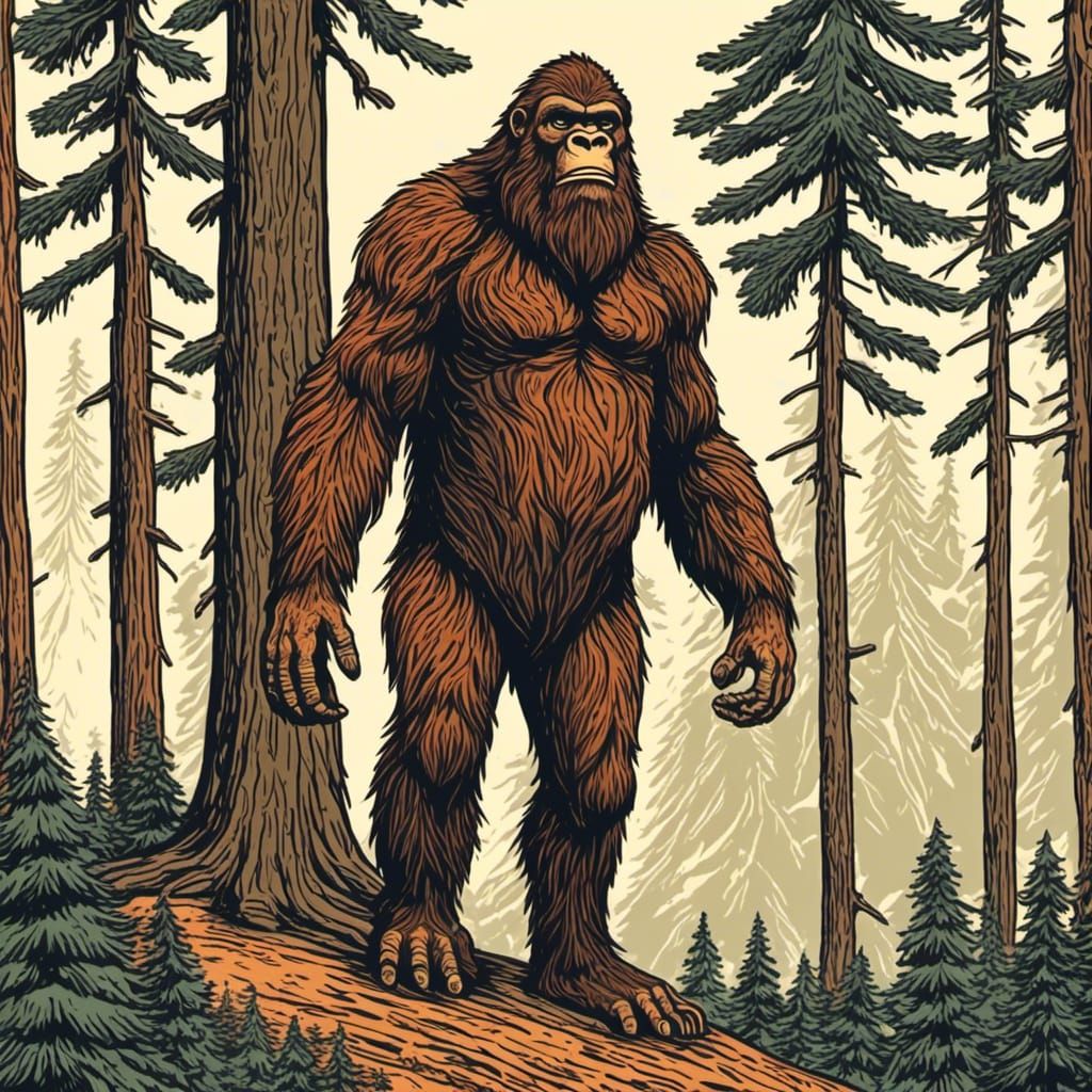 Sasquatch by Pine Tree in Screen Print Style