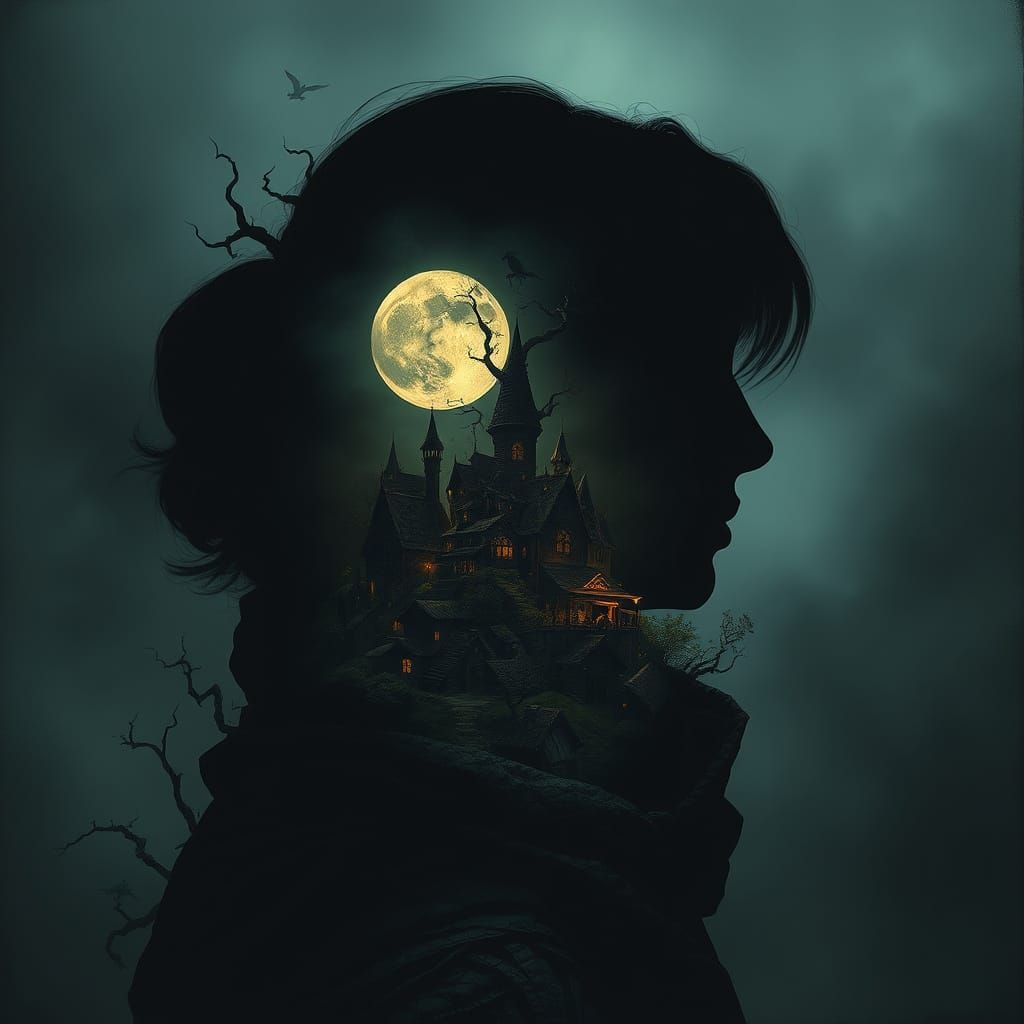 Ominous Village Inside Woman's Silhouette