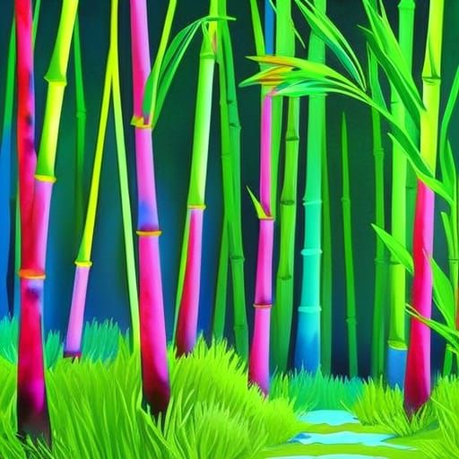 Neon Bamboo Forest in Gouache Style