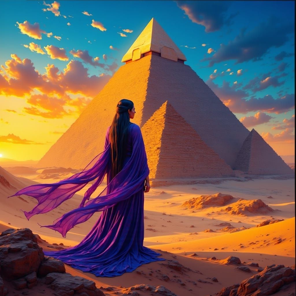 Mystical Desert Ziggurat with Priestess, in Vibrant Sunset C...