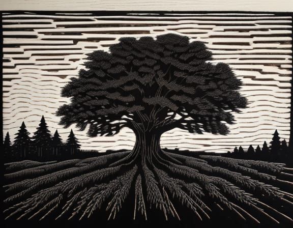 High Contrast Woodcut Art of Tree and Fence
