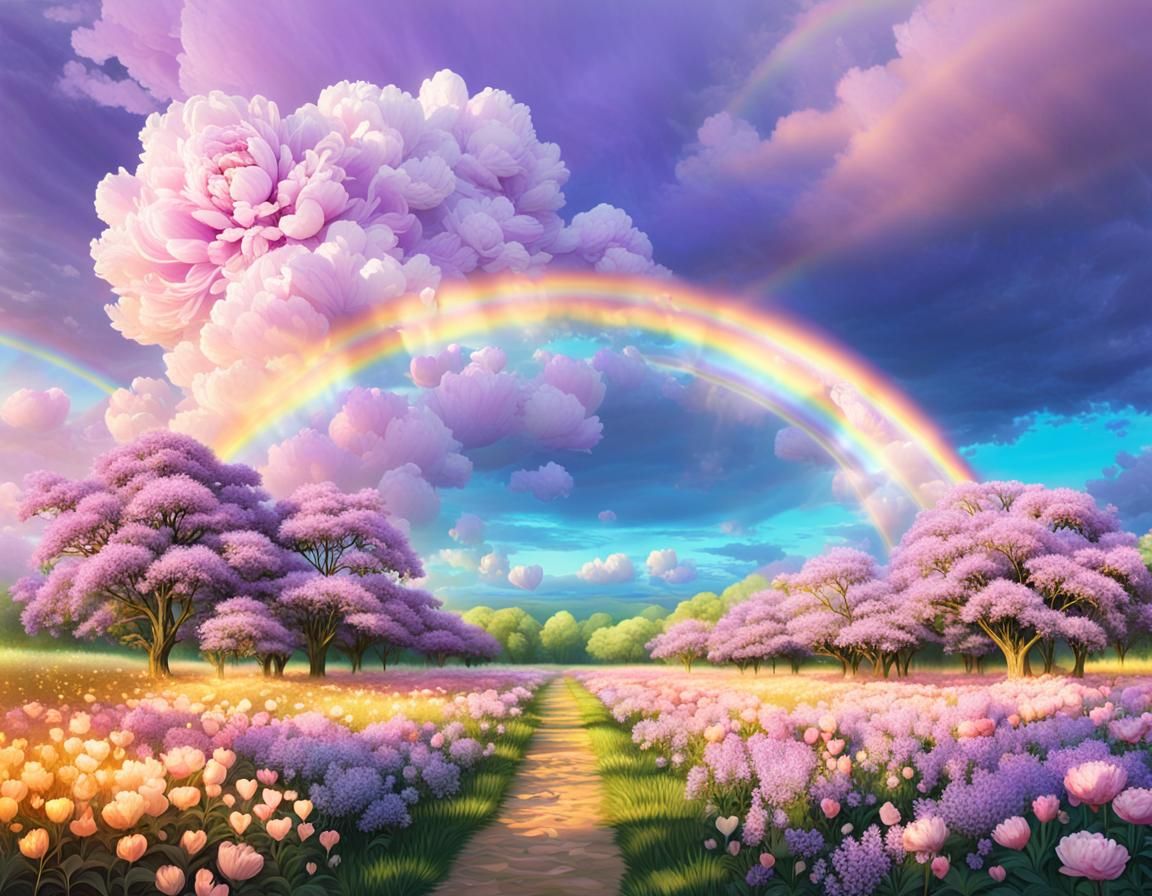 Mystical Clearing with Rainbow in Pastel Palette