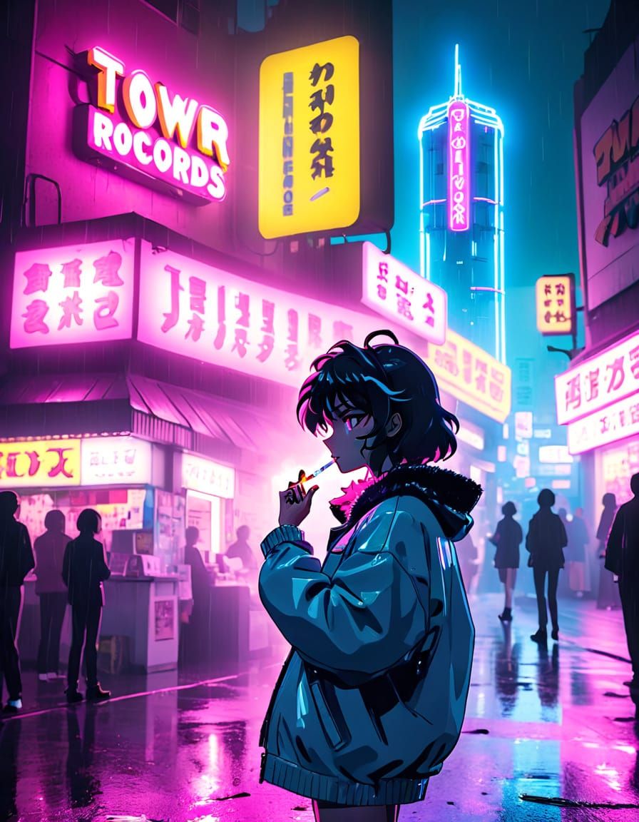80s Anime Protagonist Lights Cigarette in Neon Noir