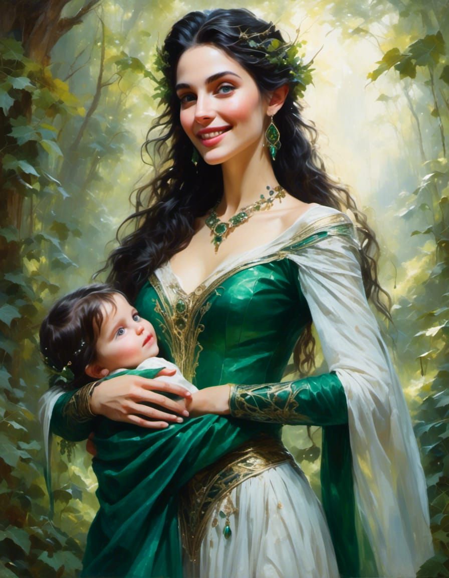 Beautiful female elf, with (black) hair and (emerald green) eyes. Holding her daughter, with (black) hair and (green) ey...