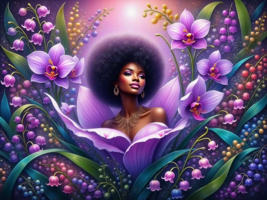 Black Woman Emerging from Luminous Lavender Orchid in Tropic...
