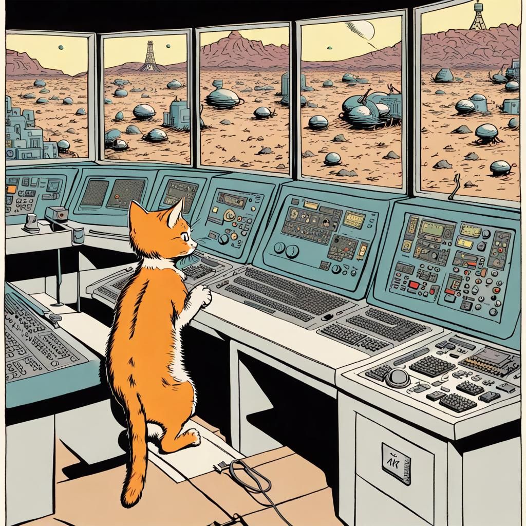 Kitten in Martian Colony Control Room