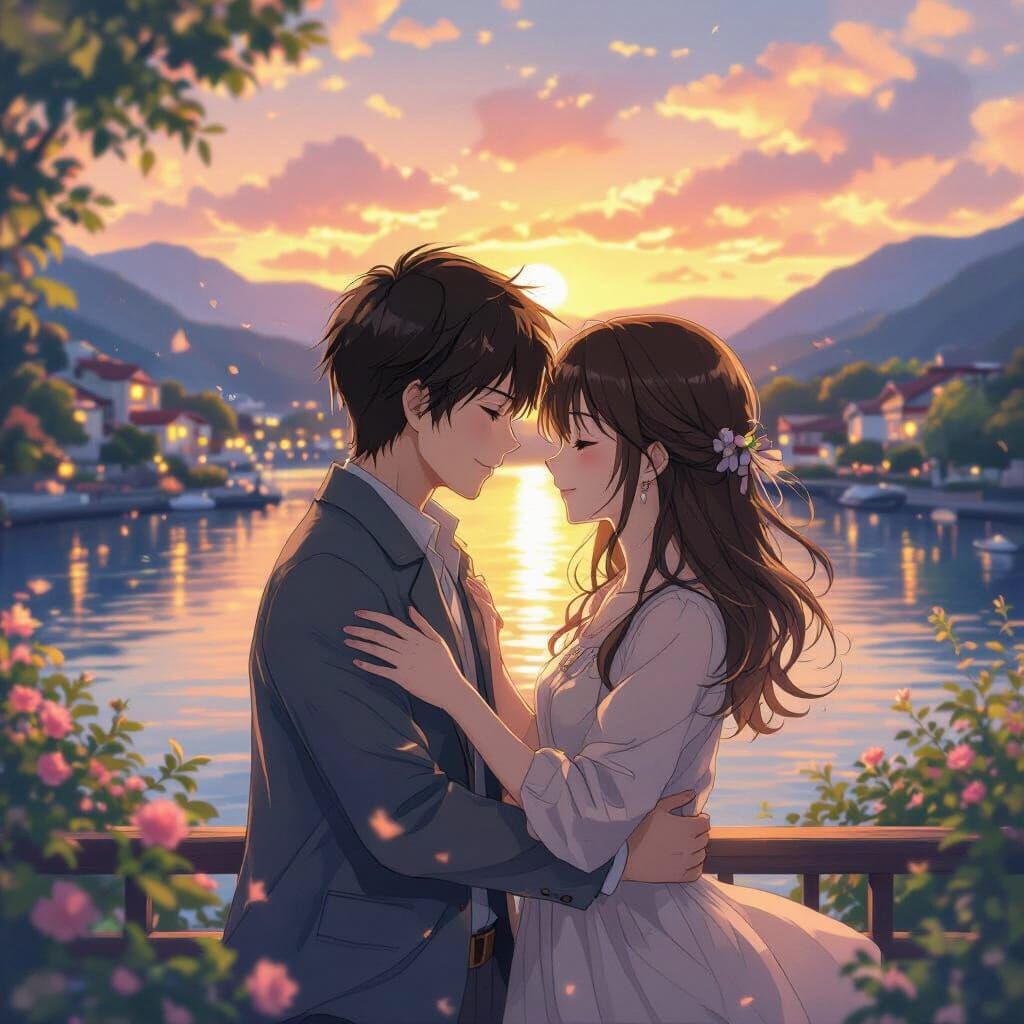 Romantic Anime Couple at Sunset in Ghibli Style