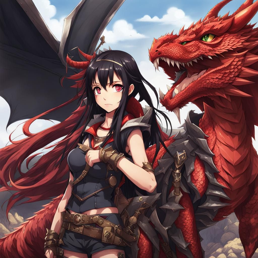 Dragon Girls with Wings and Horns in Anime Style