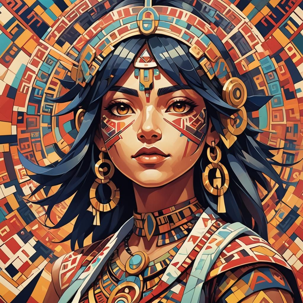 Aztec Woman in Anime Manga Style, Cubist Painting