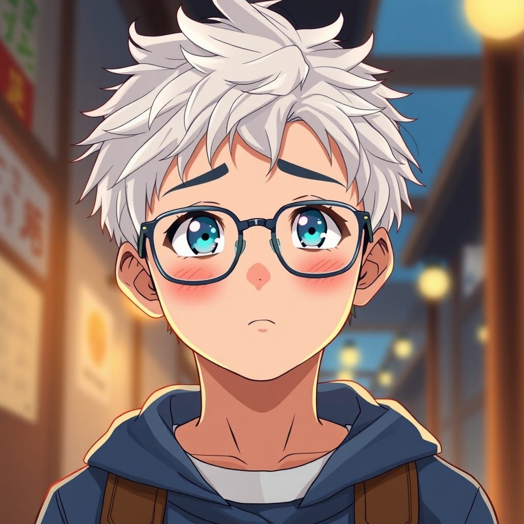 Anime Boy with White Hair and Blue Glasses