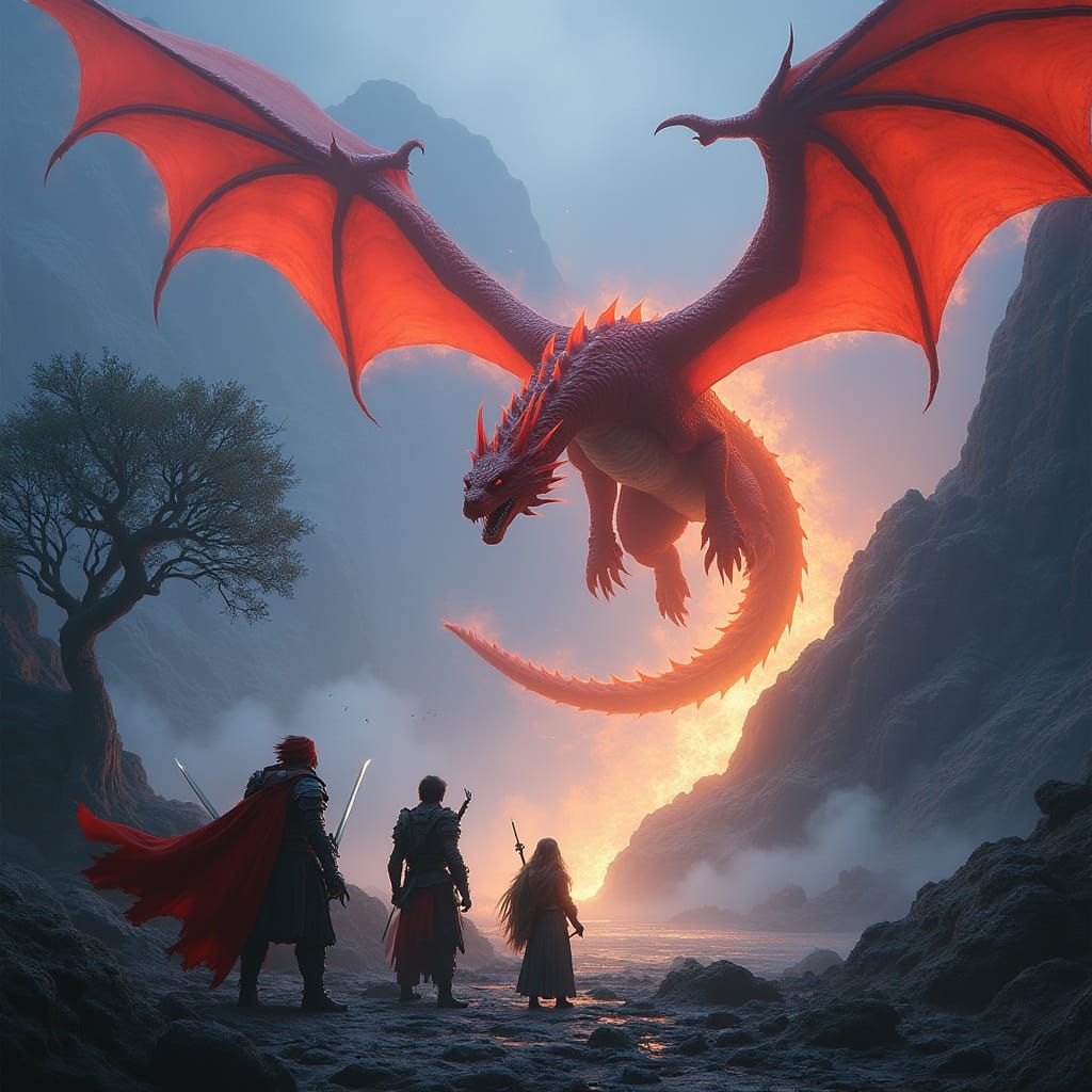 Epic Red Dragon Battles Adventurers in Misty Mountain Landsc...