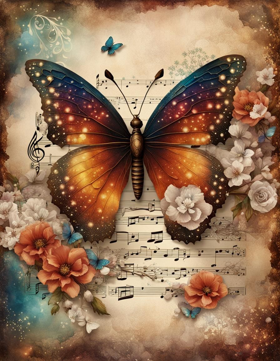 Vintage Butterfly and Music Paper Collage