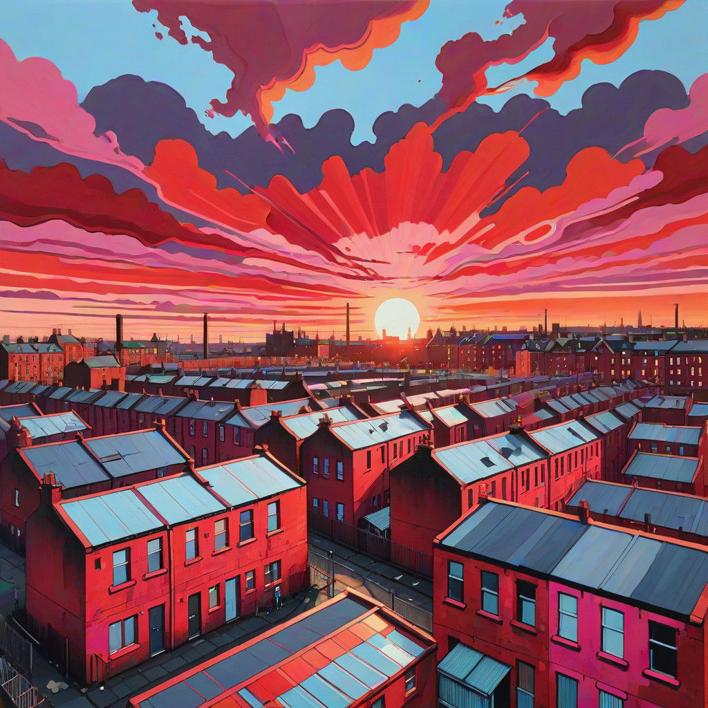 Glasgow Slum Sunset in Vibrant Gouache