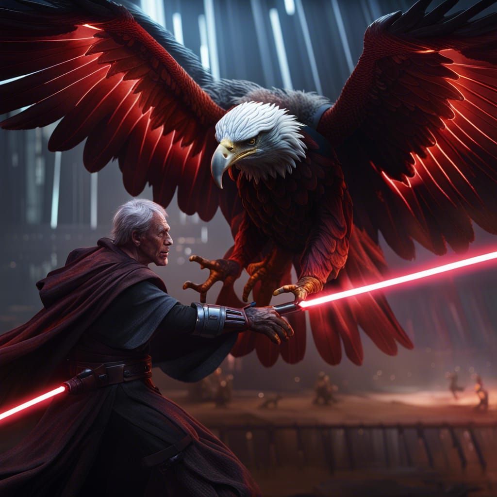 A sith eagle fighting a sith human.