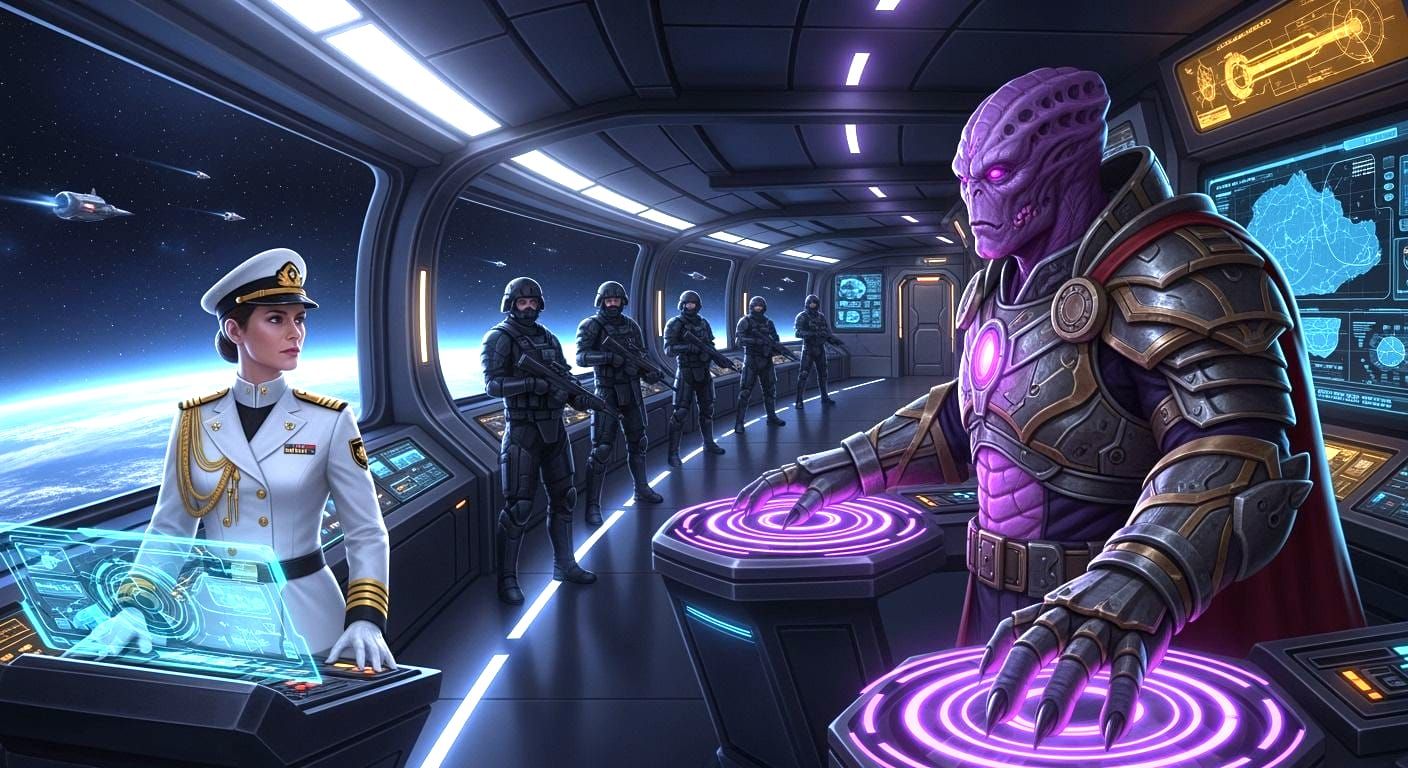 Sci-Fi Starship Bridge Confrontation: Officer vs Alien Comma...