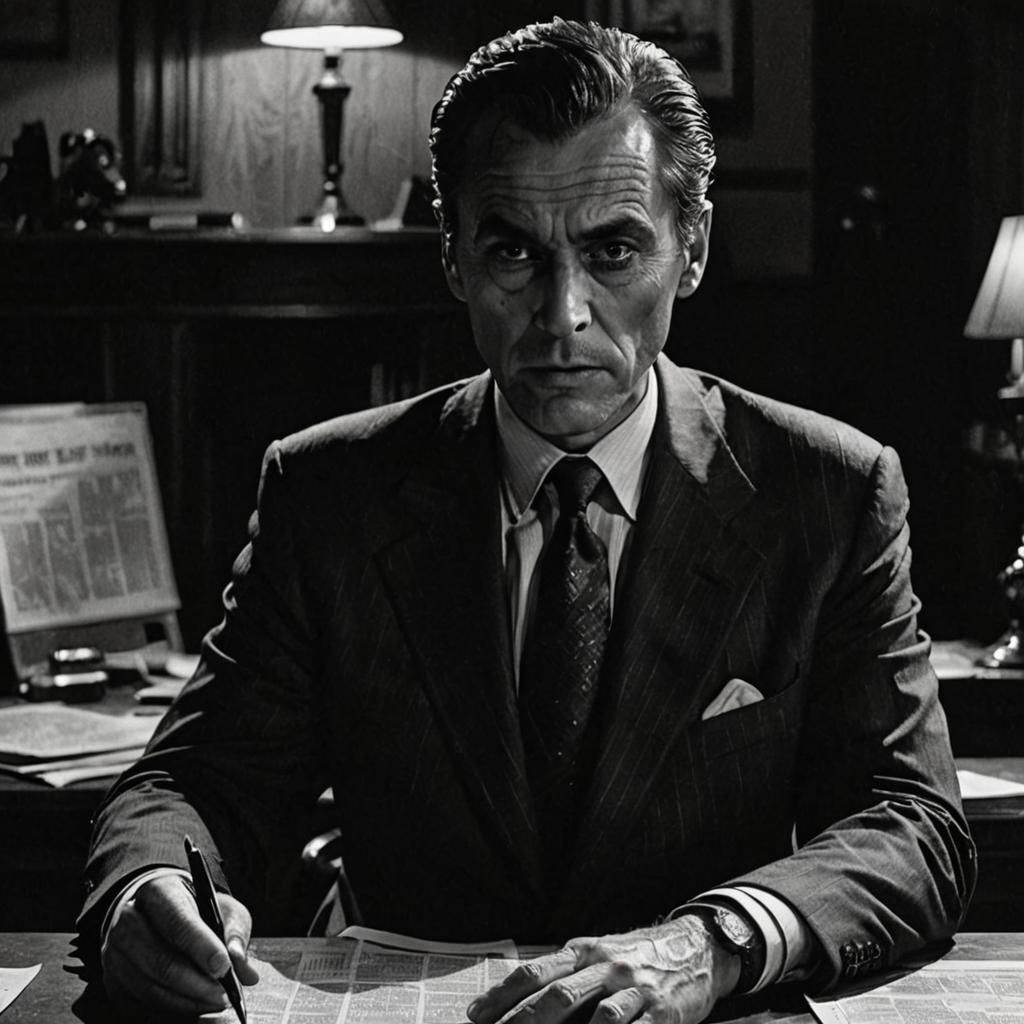 Ominous Leader Censoring News in Dark Cinematic Still