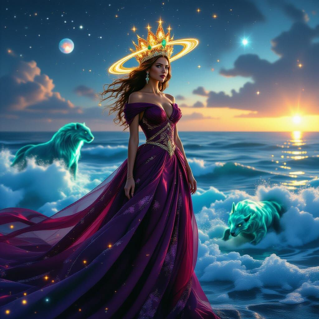 Cosmic Empress with Planetary Crown, Cinematic Film Still